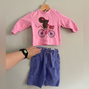 VGUC Frugi Pink Mouse Top with Matching Corduroys, sz 3-6 mo